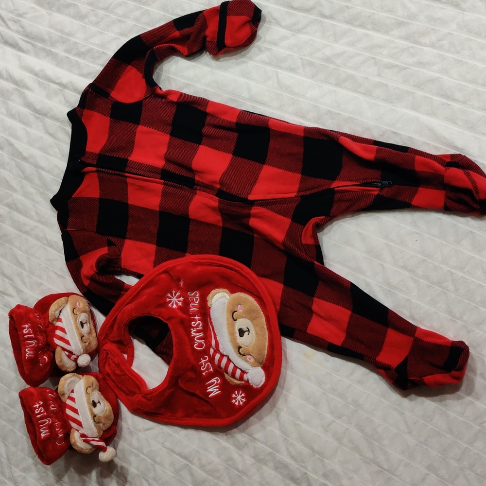 My first Christmas bundle Plaid footie Zip up pajamas teddy bear booties and bib